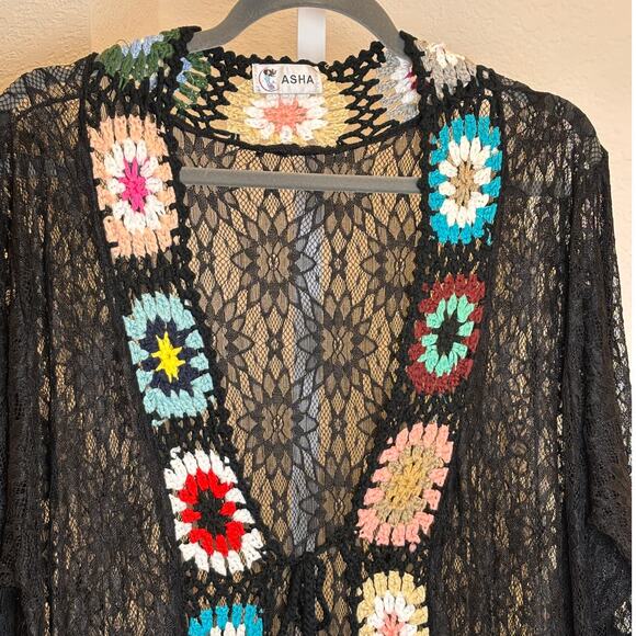 ASHA Womens Black Crochet Lace Fringe Boho Duster Kimono Festival Coverup NWOT - Picture 3 of 6